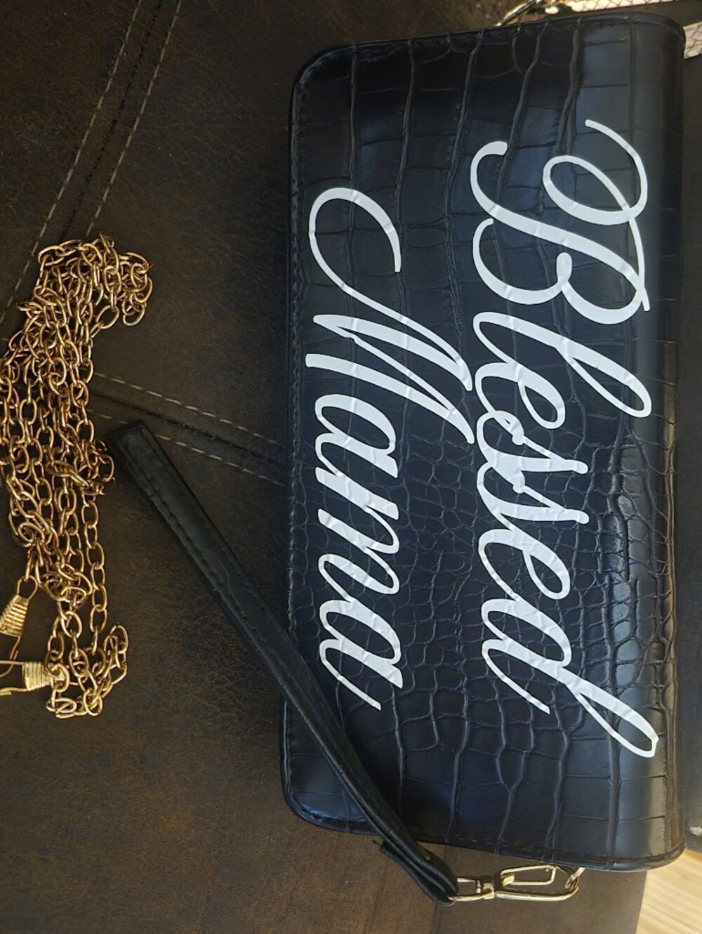 Black 'Blessed Mama' Croc-Embossed Wristlet with Gold Chain